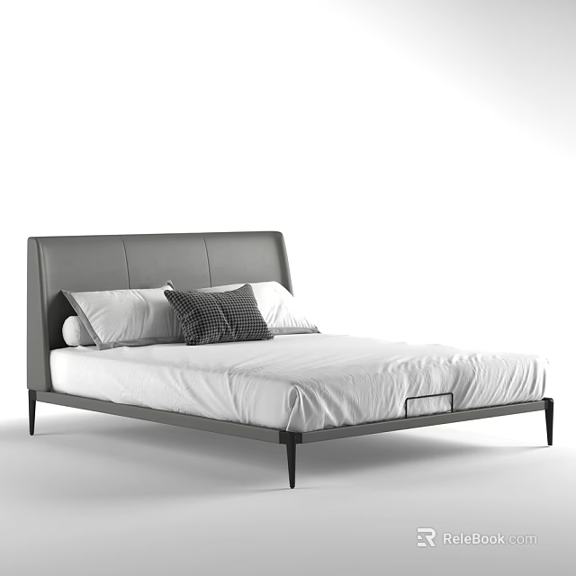 Modern Double Bed With Gray Leather Headboard Metal Frame White Bedding And Pillows 3d model 