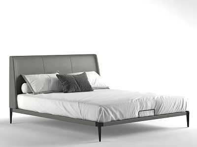 Modern Double Bed With Gray Leather Headboard Metal Frame White Bedding And Pillows 3d model