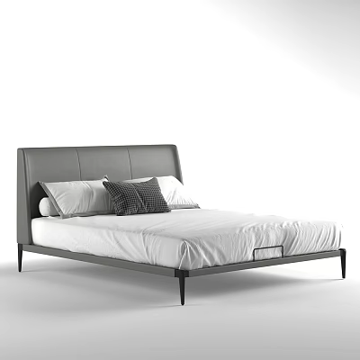 Modern Double Bed With Gray Leather Headboard Metal Frame White Bedding And Pillows 3d model