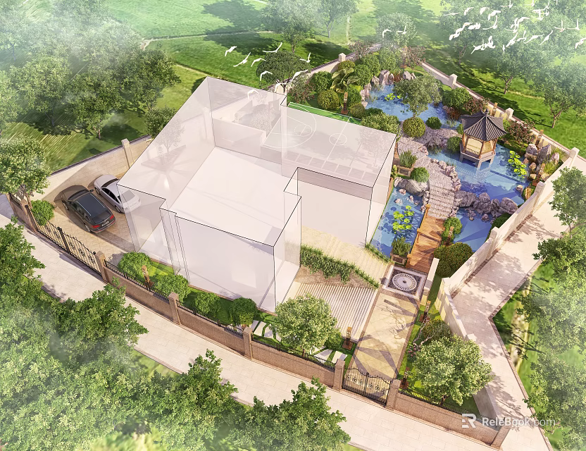 Elegant Garden Landscape Featuring Pond Stone Bridge Pavilion And Lush Greenery Around House 3d model 