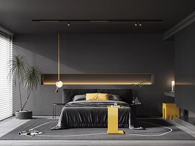 Modern Bedroom Interior Design With Black Bed Yellow Accents Green Plant And Gray Walls 3d model