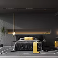 Modern Bedroom Interior Design With Black Bed Yellow Accents Green Plant And Gray Walls