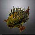 Fierce Mythical Spiky Fish with Green Orange Body Red Eyes and Lava Like Scales