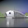 Modern Waterfront Hotel Building With Curved Exterior Illuminated By Lights And Surrounding Trees