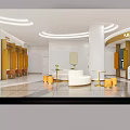 Modern Bank Lobby Interior With Large Windows White Columns Round Tables And Sofas 3d model