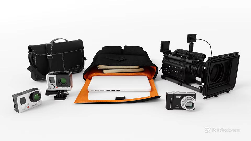 Digital Cameras Laptop And Backpack With Electronic Devices Accessories 3d model