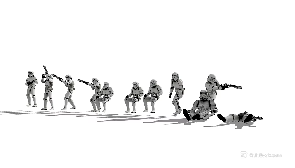 Armored Stormtrooper Characters In Battle Poses Standing Kneeling Falling With Weapons 3d model 