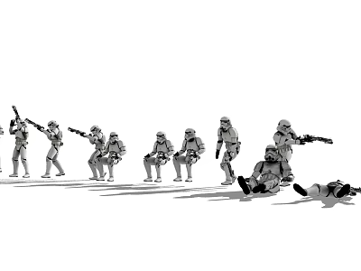 Armored Stormtrooper Characters In Battle Poses Standing Kneeling Falling With Weapons 3d model