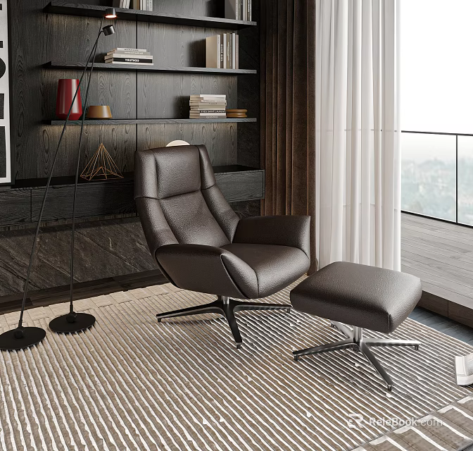 Elegant Leather Single Sofa With Ottoman Floor Lamp Bookshelf And Soft Rug 3d model 