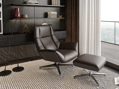 Elegant Leather Single Sofa With Ottoman Floor Lamp Bookshelf And Soft Rug 3d model