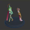 Two Female Characters In Colorful Outfits With Pink Skis Standing On Gray Round Base