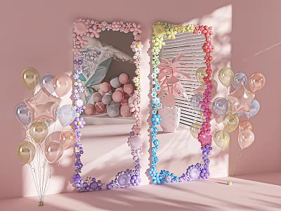 Decorative Mirrors with Colorful Flower Frames on Pink Background and Balloons for Party Decoration 3d model