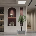Modern Living and Dining Room Interior With Potted Plant Square Pattern Wall and Gray Floor