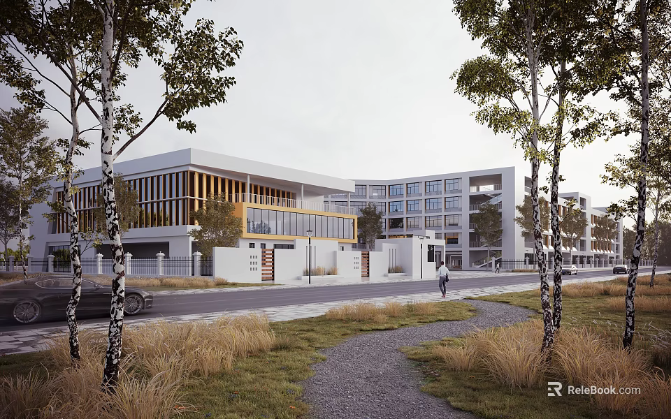 Modern School Building Exterior With Multi story Design Glass Windows Trees And Pathway 3d model 