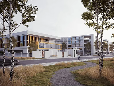 Modern School Building Exterior With Multi story Design Glass Windows Trees And Pathway 3d model