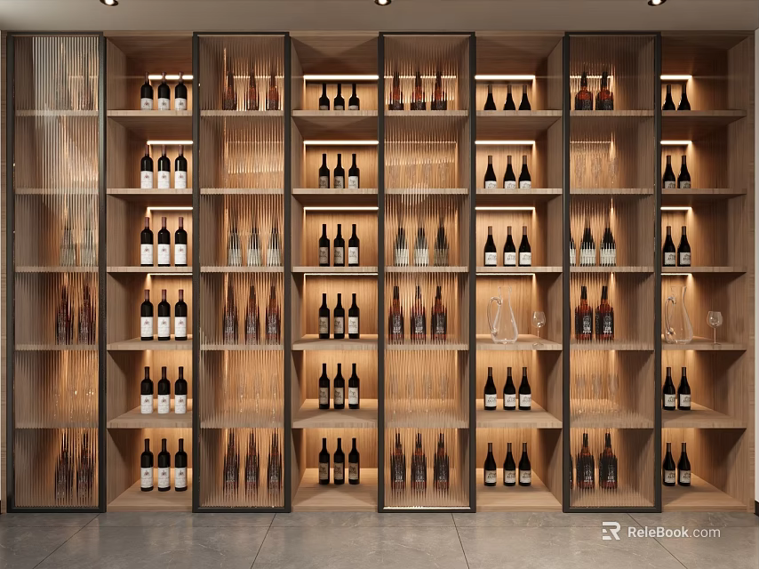 Modern Wooden Wine Cabinet With Layered Shelves Wine Bottles Glasses And Lighting 3d model 