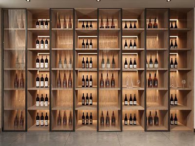 Modern Wooden Wine Cabinet With Layered Shelves Wine Bottles Glasses And Lighting 3d model