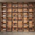 Modern Wooden Wine Cabinet With Layered Shelves Wine Bottles Glasses And Lighting