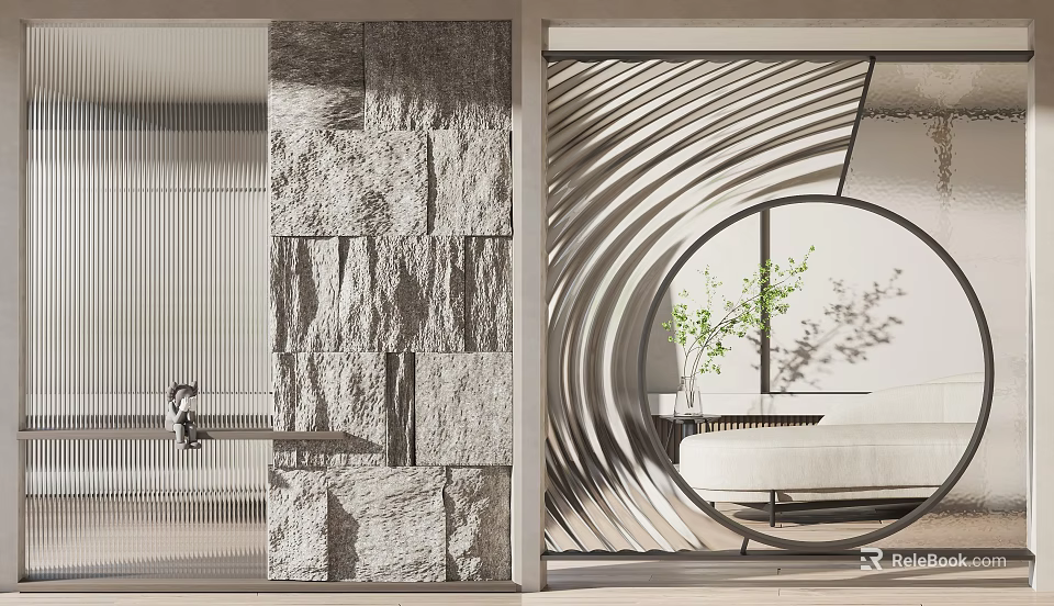 Modern Interior Partition With Stone Wall And Curved Metal Strips Near Sofa And Green Plant 3d model 