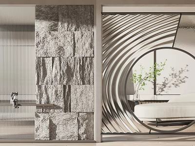 Modern Interior Partition With Stone Wall And Curved Metal Strips Near Sofa And Green Plant 3d model