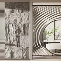 Modern Interior Partition With Stone Wall And Curved Metal Strips Near Sofa And Green Plant