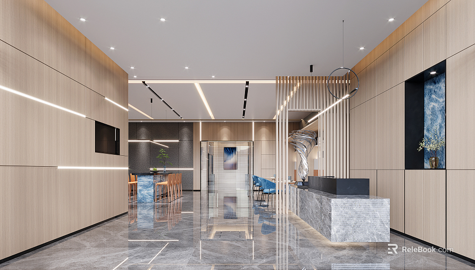 Modern Reception Area Interior Design With Wooden Walls Marble Desk And Sleek Lighting 3d model 