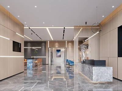 Modern Reception Area Interior Design With Wooden Walls Marble Desk And Sleek Lighting 3d model