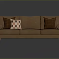 Brown Fabric Three Seater Sofa with Wooden Frame Arms and Accent Pillows