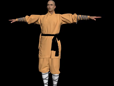 Man In Yellow Martial Arts Uniform With Arms Outstretched On Black Background 3d model