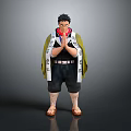 Anime Character 3D Model With Black Hair Red Mask Green Kimono And Clogs