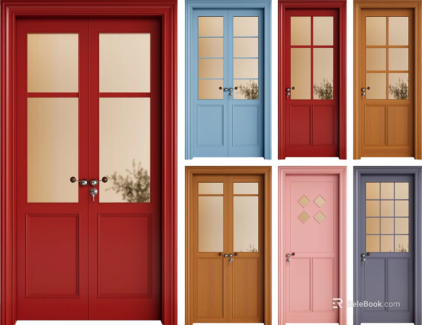 Stylish Double Doors in Various Colors and Glass Panel Designs for Home 3d model 