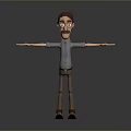 3D Cartoon Character With Glasses Beard Open Arms Gray Shirt And Brown Pants