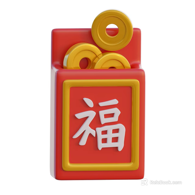 Red Box Decorative Ornament Set Featuring Chinese Character Fu And Golden Circular Rings 3d model 