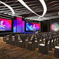 Modern Stage Design With Blue Circular Platform Steps Large Screens Colorful Graphics And Ceiling Lighting