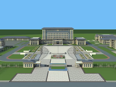 Grand Symmetrical Office Building With Central Plaza Fountains And Landscaped Gardens Wide Driveways 3d model