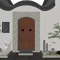 Traditional Chinese Entrance Gate With Wooden Door Bamboo Rockery And Starry Sky