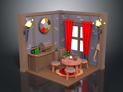 Cozy Interior Room With Red Curtains Round Table Stools Wall Decor And Window 3d model