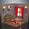 Cozy Interior Room With Red Curtains Round Table Stools Wall Decor And Window