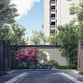 Elegant Landscaped Feature Wall Pathway With Tall Trees And Residential Building