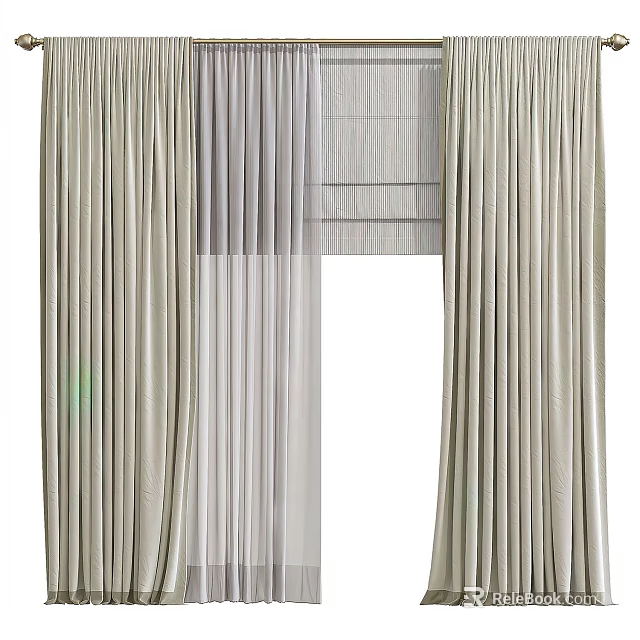 Elegant Neutral Beige Linen Curtains With Double Layer Pleated Design And Sheer Panel 3d model 