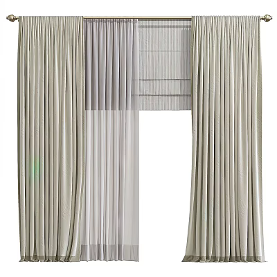 Elegant Neutral Beige Linen Curtains With Double Layer Pleated Design And Sheer Panel 3d model