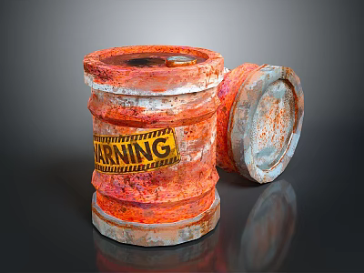 Rusty Metal Barrel With Warning Label And Open Lid Design 3d model