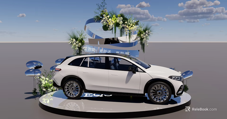 Floral Installation For Car Display With White Car Ribbons And Cloud Decorations 3d model 