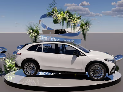 Floral Installation For Car Display With White Car Ribbons And Cloud Decorations 3d model