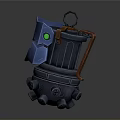 3D Model of Blue and Black Weapon with Orange Metal Parts and Green Glowing Light