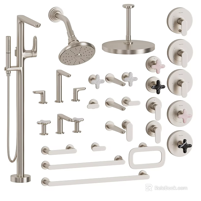 Stainless Steel Shower System with Fixed Head Handheld Sprayer Control Knobs and Brackets 3d model 