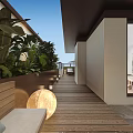 Villa Balcony Open Design With White Long Table Chairs Green Plants And Shade Structure