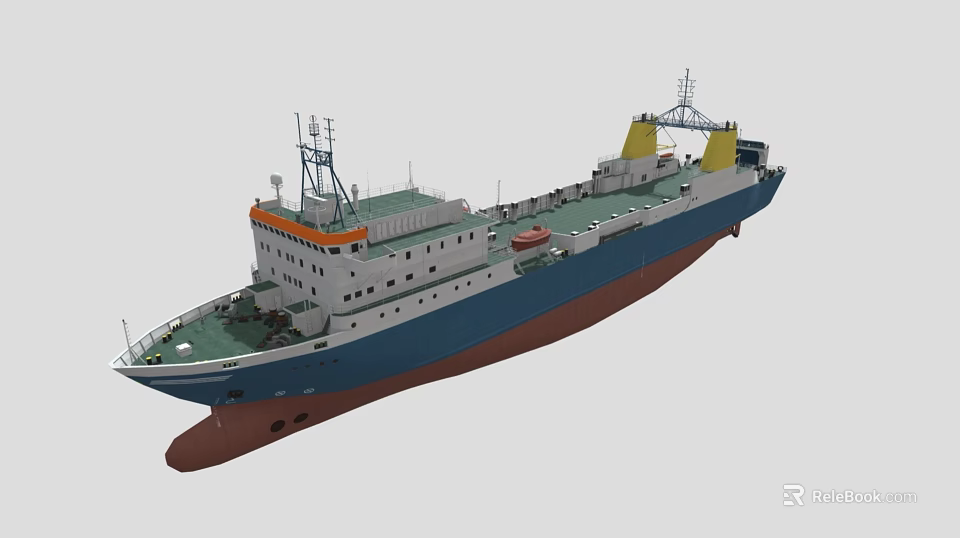 3D Model Of Blue White Cargo Ship With Orange Superstructure And Decks 3d model 
