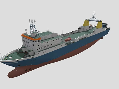 3D Model Of Blue White Cargo Ship With Orange Superstructure And Decks 3d model
