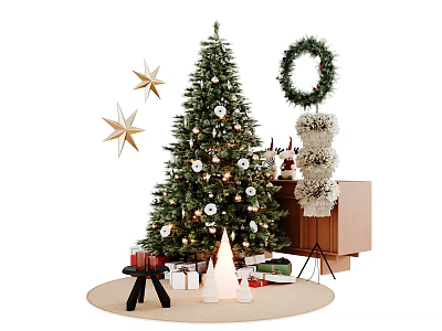 Christmas Tree With Decorative Stars Wreath Gift Boxes Candle Holders And Holiday Decor 3d model